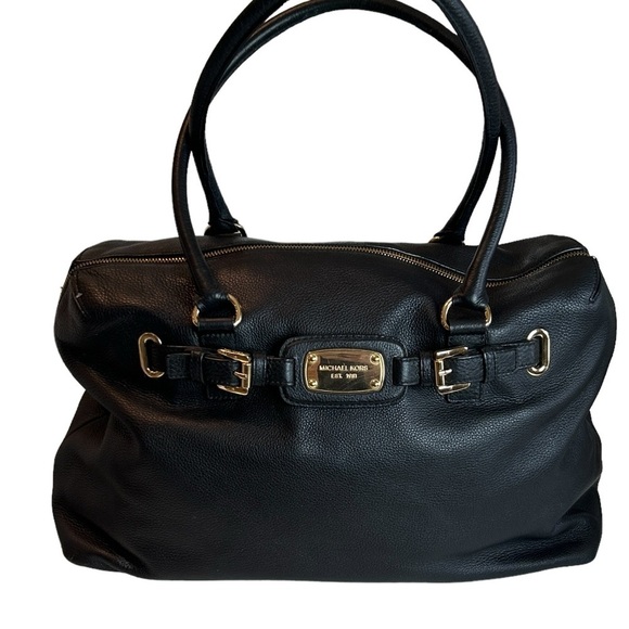 MICHAEL Kors Hamilton  Black Pebbled Leather Weekender Overnight Bag Gold Logo - Picture 2 of 12